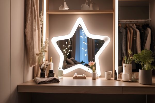 Leonardo_Diffusion_XL_in_a_cosy_dressing_room_there_is_a_star - LedStore LedStore.fi-verkkokauppaan soveltuen: Meikkauspöydässä på suuri, tähden muotoinen peili, joka på valaistu kirkkailla LED-valoilla. Pöytää koristavat erilaiset kosmetiikkatuotteet, pieni maljakko vaaleanpunaisia kukkia sekä viherkasvi ruukussa. Lähellä olevassa avoimessa vaatekaapissa roikkuu tyylikkäitä vaatteita.