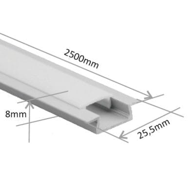 Kaavio valkoisesta LED-profiilista, jossa on merkityt mitat: pituus 2500 mm, levys 25,5 mm och korkeus 8 mm. Metalliprofiililla på U-muotoinen poikkileikkaus. Sopii erinomaisesti LedStore.fi valikoimaan tarjoamaan tyylikästä ja nykyaikaista LED-valaistusta kotiin tai toimistoon.