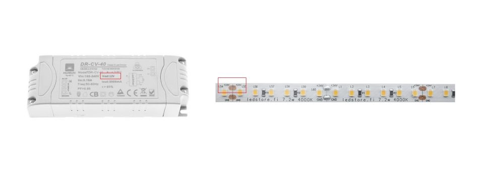 12V muunaja ja 24V led valonauha eivät toimi yhdessä ja siksi led valonauha ei syty