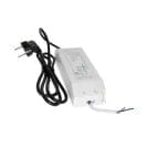 24V_45W_led_nauhan_muuntaja_triac_himmennettava_ledstore.fi - LedStore LED-virtalähde mustalla johdolla/pistokkeella, LED-tiedot pinnalla. Valkoinen lanka, jossa on paljaat päät, ulottuu vastakkaiselta puolelta. Täydellinen valaistusasennuksiin.