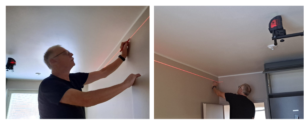 6 Montage von Befestigungselementen an der Wand mit einem Laser um sie zu begradigen - LedStore Installation von Befestigungselementen an der Wand mit Laserrichtverfahren