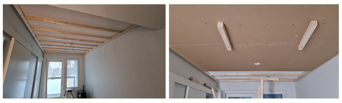 Ceiling joinery and sheeting in the bedroom. With the help of