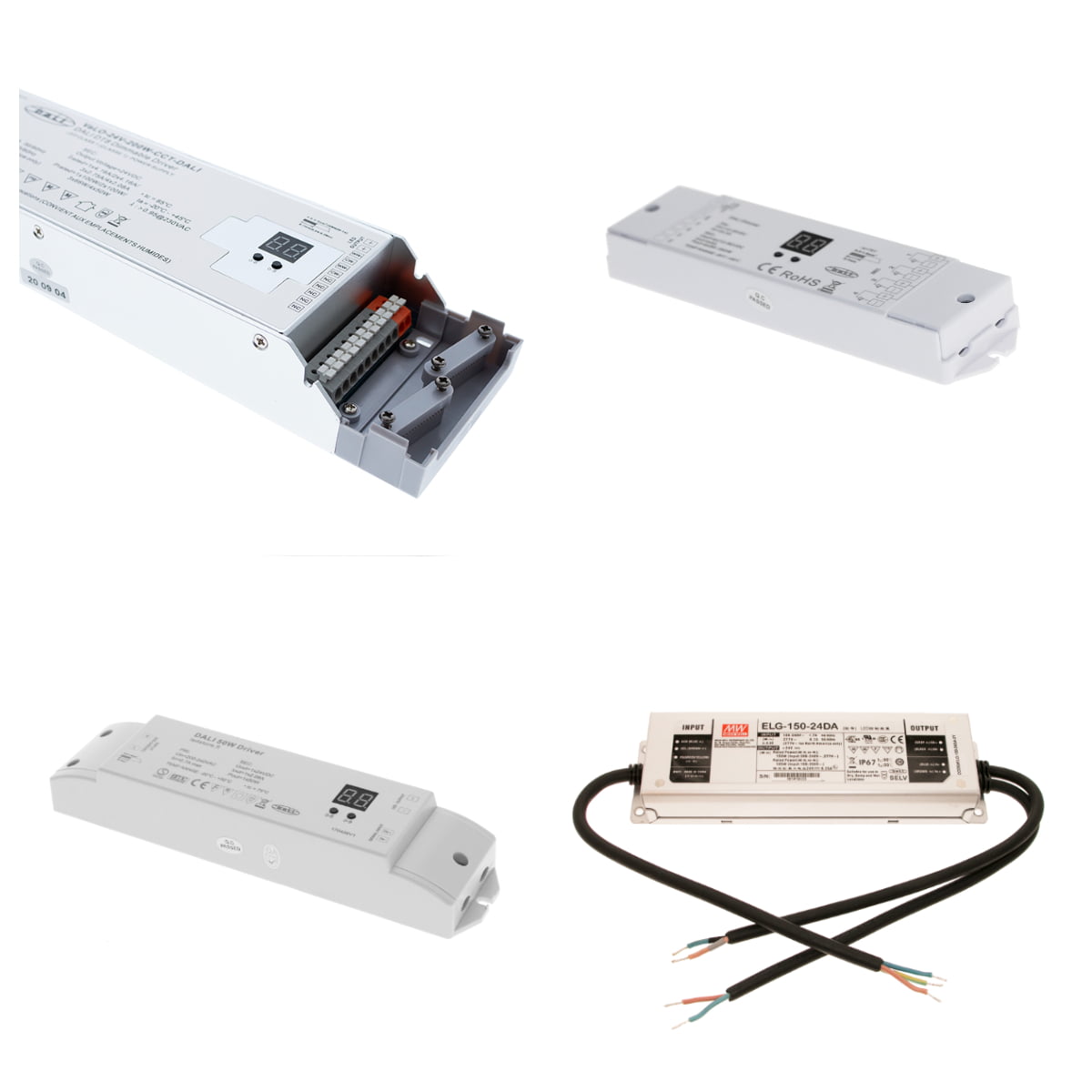 DALI muuntaja kollaasi - LedStore DALI2-transformatorer, lämpliga för programmering av antingen monokroma dimbara armaturer, färgtemperaturjusterbara spotlights, remsor och paneler eller färgjusterbara RGB LED-remsor i free@home, beroende på typ.