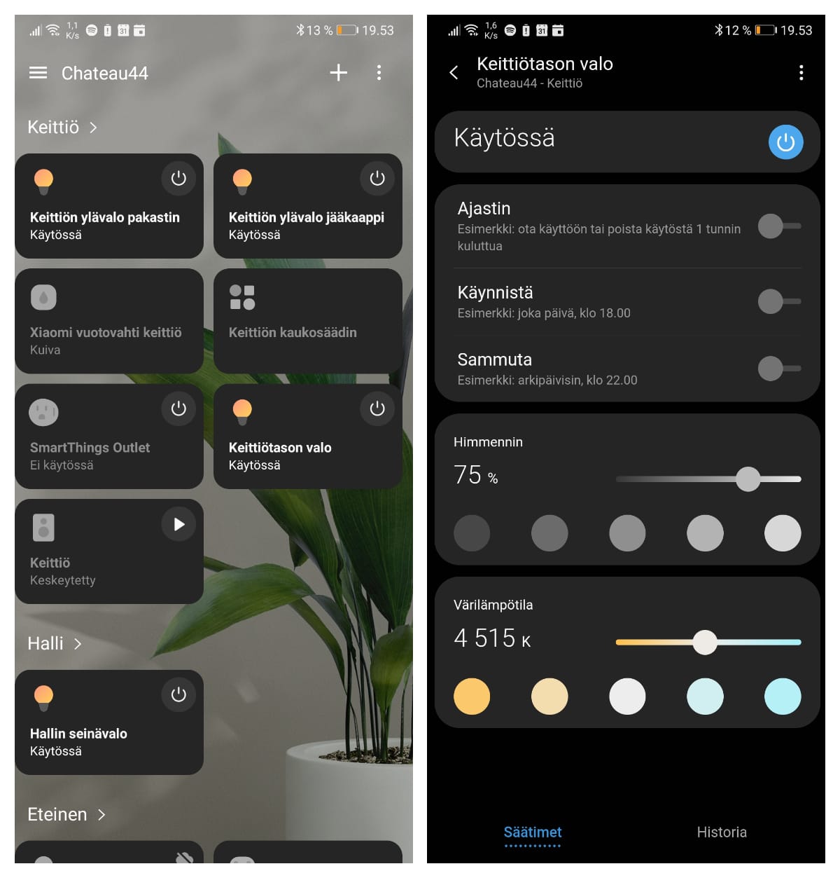 Esimerkkki Samsung Smart Things valaistuksen käyttöliittymästä. Vasemmalla keittiön Zigbee-laitteet yhdellä näkymällä ja oikealla keittiötasovalaisimen säätö- ja ajastusliittymät.