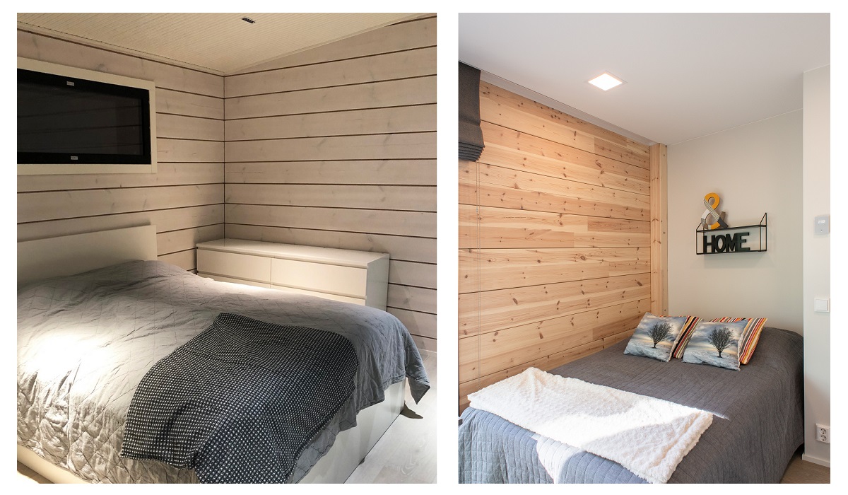 A narrow-angle spotlight creates atmosphere and a wide-angle spotlight provides ambient light in the bedroom