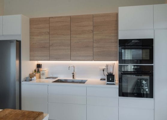 Kitchen worktop lighting with LED strip.