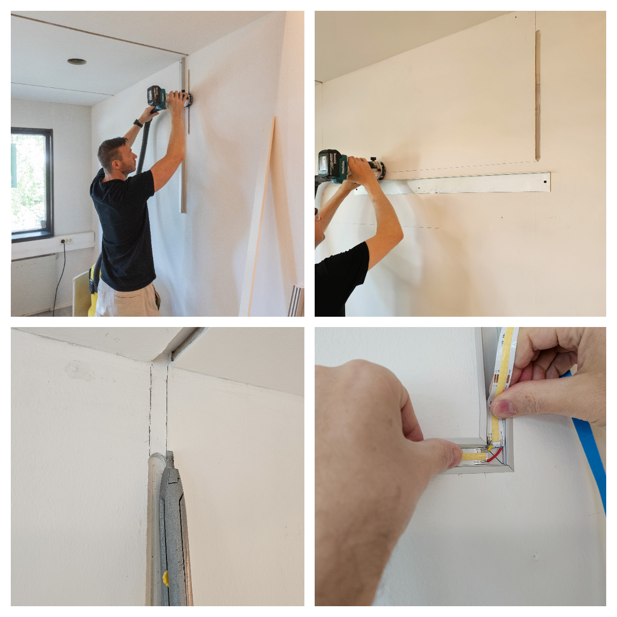 Für das Lichtband und das Unterputzprofil wurden gerade Nuten in die Wand gefräst.