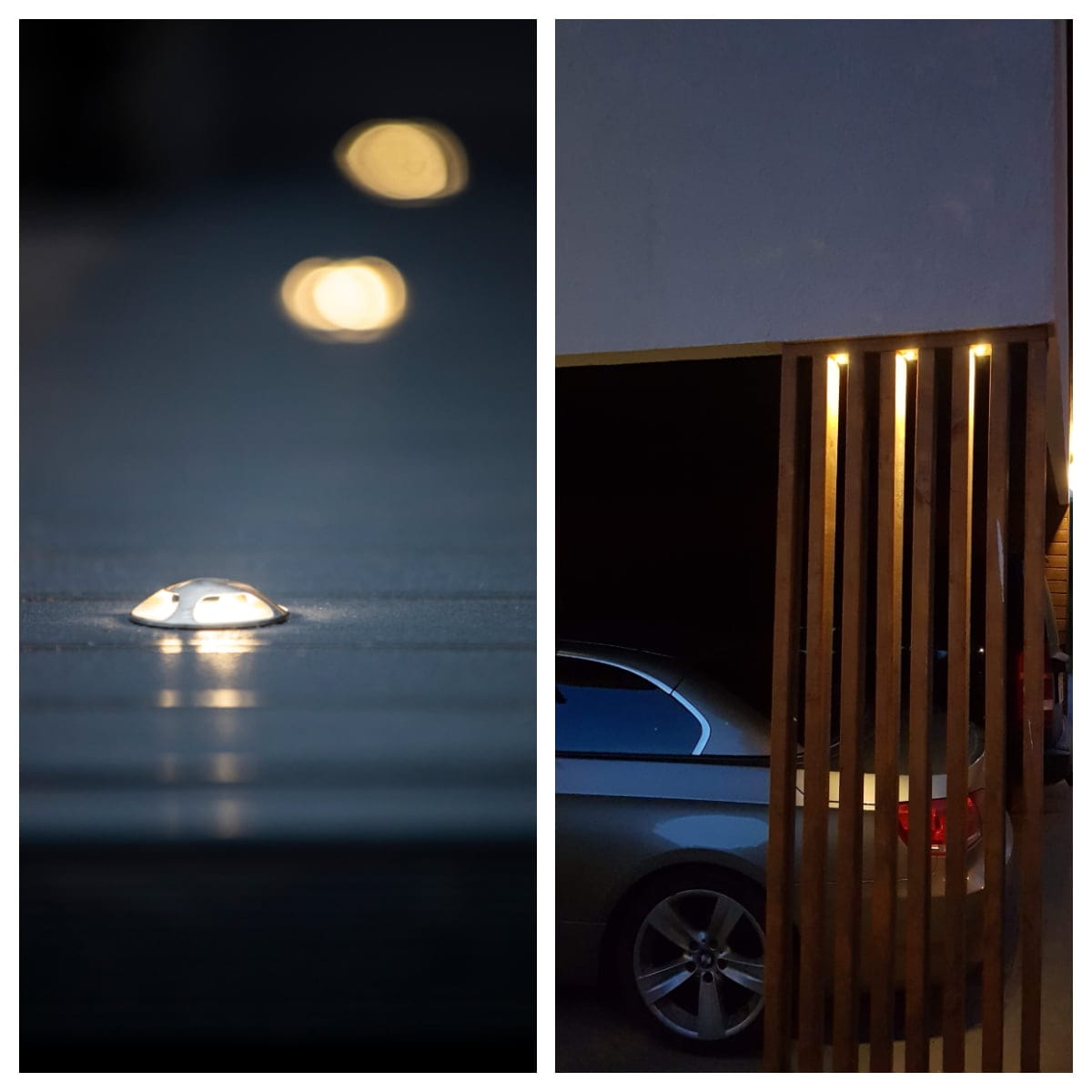 Kollaasi terassi- ja saunasarjat - LedStore Lähikuva hehkuvasta LED-valosta heijastavalla pinnalla; pysäköity auto puisten säleiden taakse, valaistu kattovaloilla yöllä.