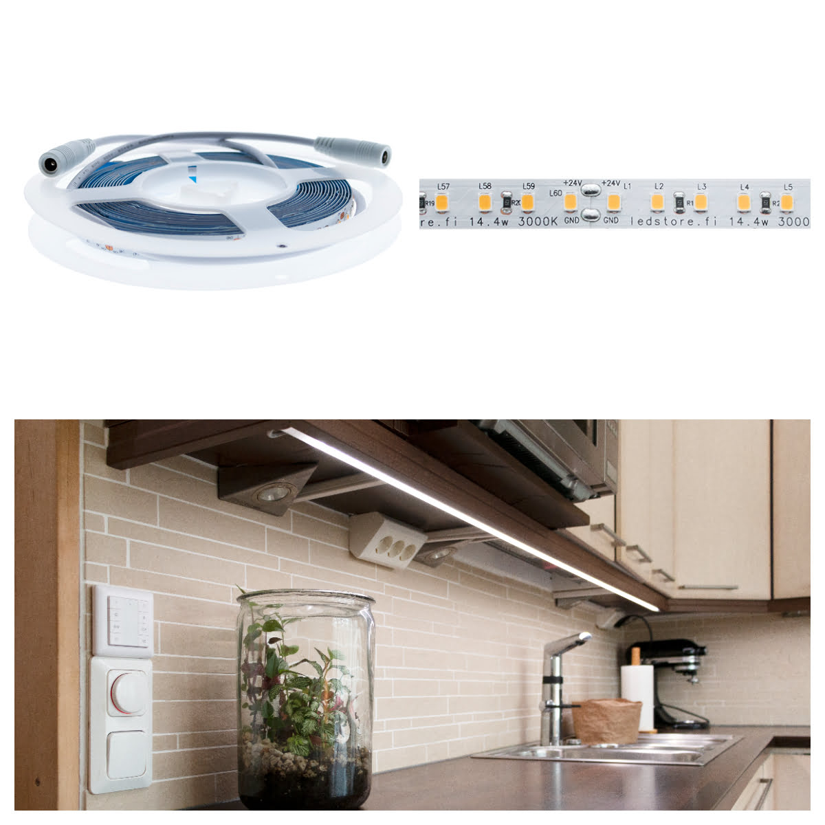 led-nauha keittiön välitilaan matalassa pintaprofiilissa