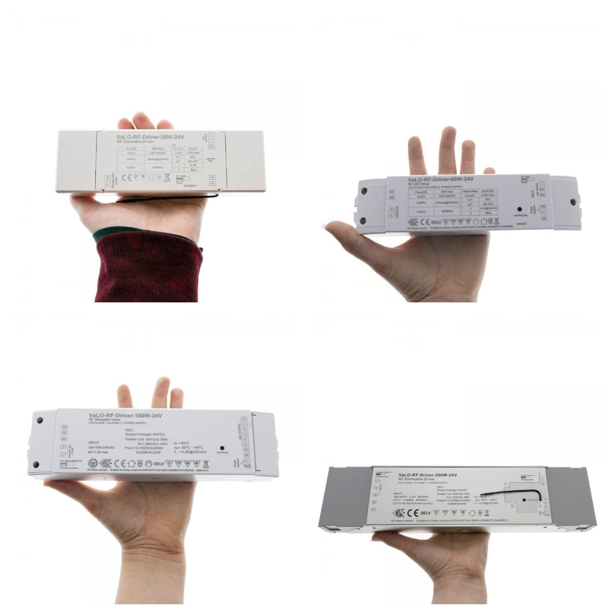 RF-muuntajat 30-200w-kollaasi - LedStore Neljä kuvaa esittelee käsiä, jotka pitävät suorakulmaisia LED-ominaisuuksilla varustettuja laitteita. Laitteet på merkitty teknisillä tiedoilla ja sertifiointisymboleilla. Näiden laitteiden muotoilu ja koko vaihtelevat hieman, ja ne on aseteltu yksinkertaista valkoista taustaa vasten.