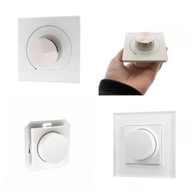 RF-triac himmennin,exxact keskiö ja pyöritettävä kollaasi - LedStore Neljä lähikuvaa LED-himmennyskytkimistä saatavilla LedStore.fi-verkkokaupassa. Vasemmalla ylhäällä på pyöreä kytkin, oikealla ylhäällä henkilö pitelee LED-yhteensopivaa neliskulmaista kytkintä. Alhaalla vasemmalla på metallisella reunuksella varustettu kytkin ja alhaalla oikealla moderni neliskulmainen kytkin, jossa på keskellä pyöreä säädin.