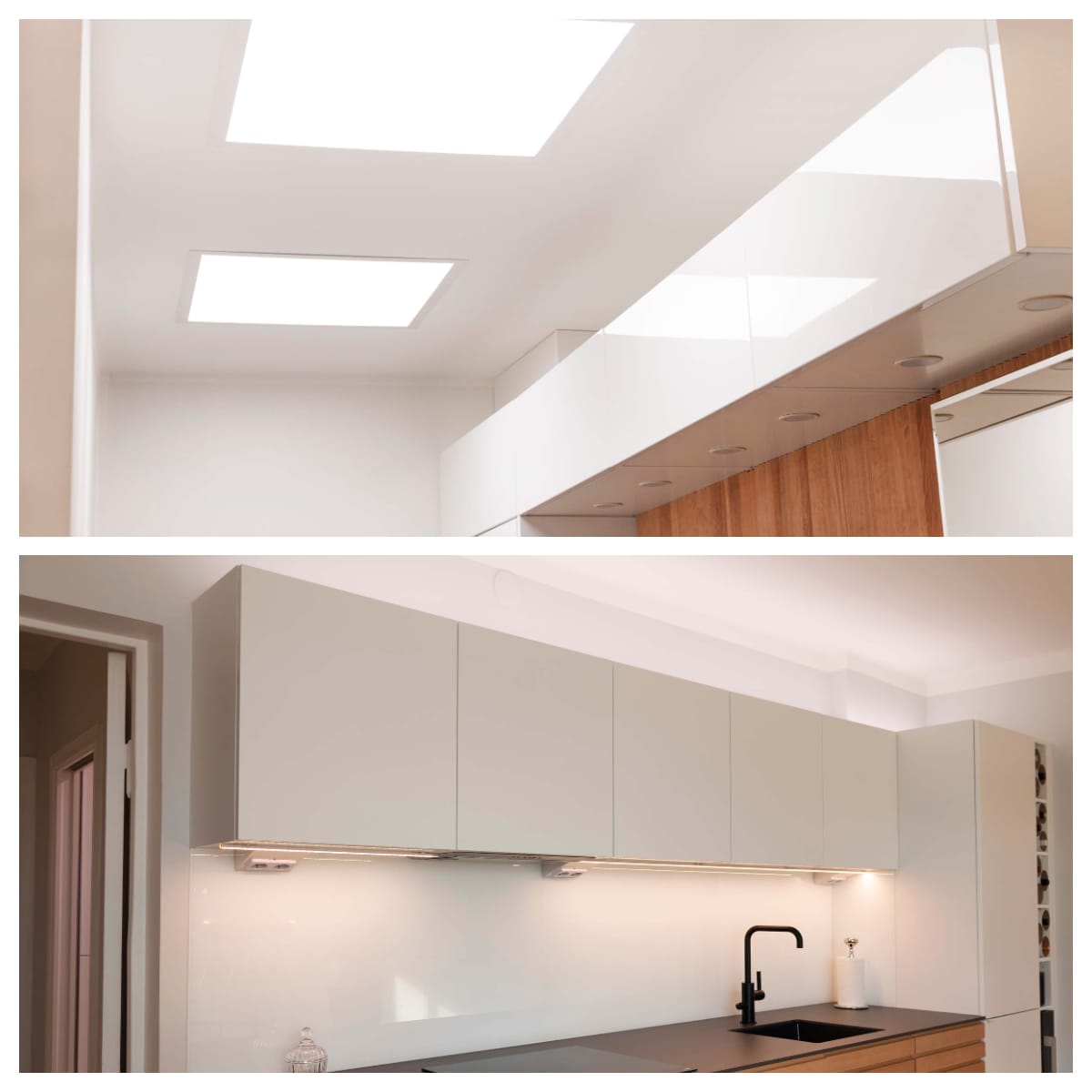LedStoren Paneeli 600 eteisessä sekä värilämpötilasäädettävä CCT led-nauha keittiössä ovat molemmat Zigbee-ohjauksessa mobiilisti sekä seinäpainikkeella ja kaukosäätimellä ohjattavia.