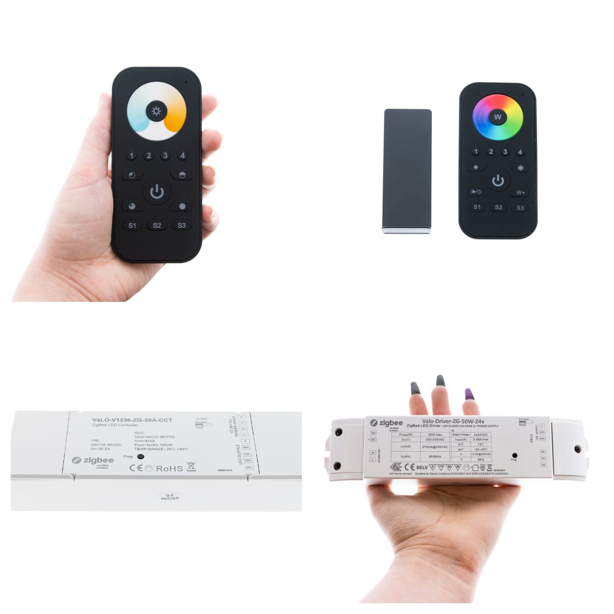 Ylärivissä Zigbee-kaukosäätimiä, valkoisen valon kylmän valkoisesta lämpimän valkoiseen, ja väriä vaihtavalle RGB led-nauhalle. Kaukosäätimissä on magneetti, jolla se kiinnittyy esim. seinään ruuvattavaan telineeseen. Kaukosäätimet ja vastaanottimet, joissa on vastaavat värilämpötilan säätö tai värinvaihtotoiminnot pariliitetään hubiin, jotta niitä voidaan ohjata ja ajastaa monipuolisesti.
