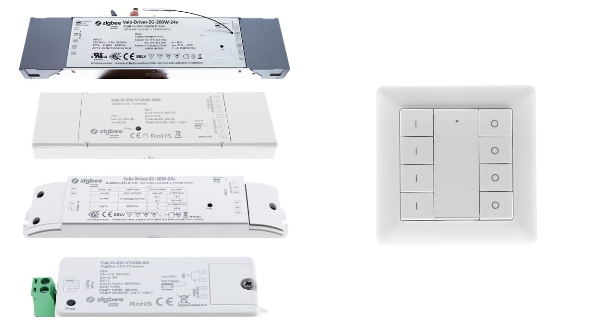 Kuvassa vasemmalla vastaanottimia ja vastaanotiimen sisältäviä Zigbee-muuntajia. Oikealla neljän ryhmän himmentämiseen soveltuva ohjain. Kaikki vastaanottimet / muuntajat ja painikkeet liitetään hubin kautta verkkoon, jolloin valaisimia voidaan ohjata sekä käyttöliittymästä mobiilisti sekä langattomilla painikkeilla.