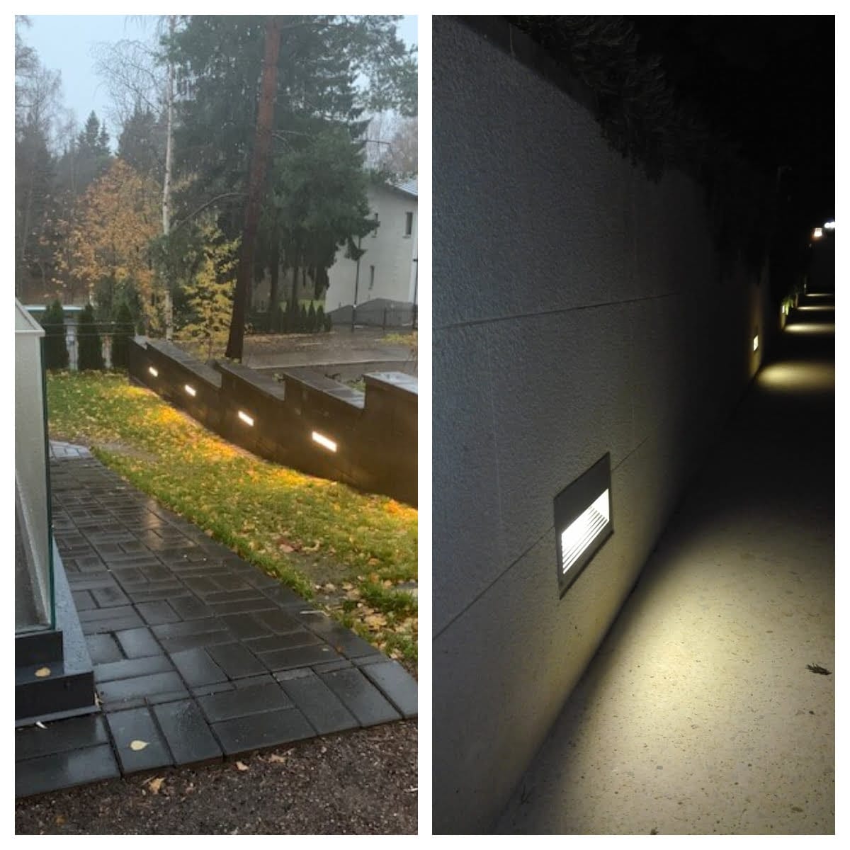 - LedStore LED-seinävalaisimet valaisevat märkää polkua yöllä ja korostavat lempeää hehkua puita ja ruohoa vasten pilvisen taivaan alla.
