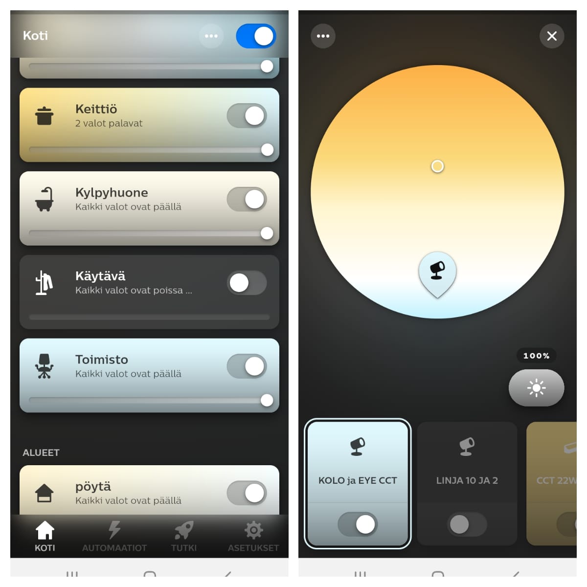 Esimerkki Philips Hue mobiilinäkymästä. Vasemmalla kodin eri tilat ja oikealla keittiövalojen säätötila. Väriympyrästä säädetään valkoisen valon värilämpötilaa lämpimän valkoisesta kylmän valkoiseen ja oikeasta reunasta kirkkautta. Automaatiot ovat luonnollisesti myös mahdollisia.