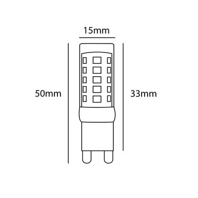 Disegno lineare di lampadina a LED, altezza 50 mm, larghezza 15 mm, lunghezza 33 mm, con motivo a reticolo rettangolare per negozio di illuminazione a LED.