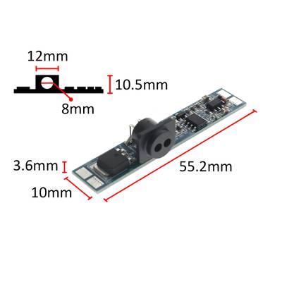 Circuito stampato per illuminazione a LED, struttura sottile 55,2 x 10 x 3,6 mm, vista laterale 12 x 10,5 x 8 mm per il fissaggio della lampada