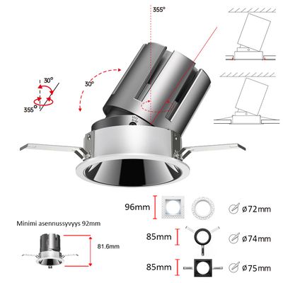 Faretto LED da incasso orientabile, angoli di rotazione e inclinazione, faretto da soffitto, misure, schemi di installazione