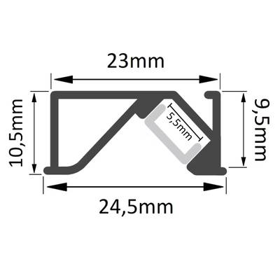 Disegno tecnico: sezione del profilo LED con dimensioni - larghezza 24 mm, altezza 10,5 mm, larghezza interna 22,6 mm - per l'installazione di luci di precisione.