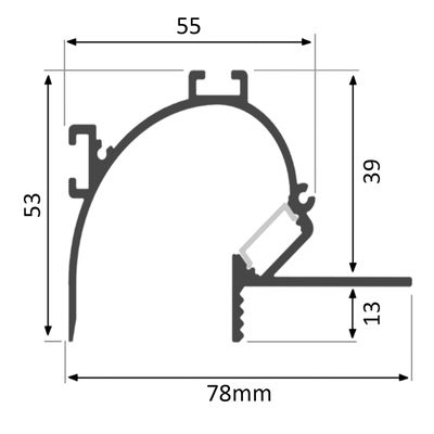 Schema trasversale dell'illuminazione a LED con dimensioni: 55 in alto, 53 a sinistra, 39 in curva, 13 in basso. Larghezza totale di 78 mm. Ottimizza il negozio di LED per il SEO.