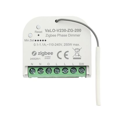 Dimmer di fase certificato Zigbee VaLO-V230-ZG-200, piccolo design bianco, pulsante di reset grigio e porte di interfaccia multiple per il controllo dell'illuminazione a LED.