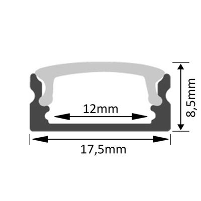 Disegno in sezione di una guarnizione con dimensioni: 17,5 mm di larghezza, 8,5 mm di altezza e 12 mm di distanza interna - ideale per le installazioni di illuminazione a LED.