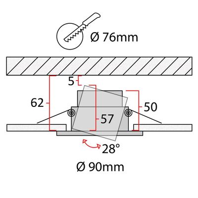 Schema delle dimensioni dell'apparecchio LED da incasso: foro da 76 mm, altezza da 55 mm, diametro esterno da 90 mm, angolo di 28 gradi per un'illuminazione ottimale.