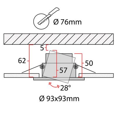 Schema tecnico per l'installazione di luci LED a incasso: inclinazione di 28°, dimensioni della punta di 80 mm, dimensioni dell'apparecchio 95x95 mm. Include soluzioni di illuminazione efficienti.