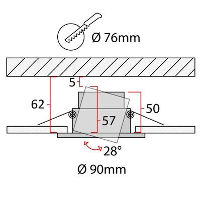 Schema di installazione dell'apparecchio a incasso: apertura del soffitto 76 mm, diametro dell'apparecchio 90 mm, profondità 55 mm, angolo di inclinazione 28 gradi.
