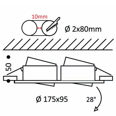 Disegno tecnico di componenti meccanici con dimensioni: 2x 80mm, ⌀175x95 cerchi, 10mm ingranaggi e angolo di 28° per apparecchio di illuminazione a LED.