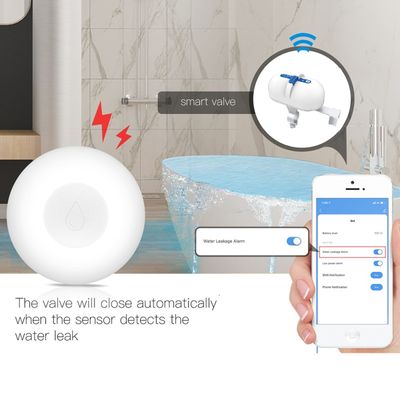 Sistema intelligente di valvole dell'acqua che rileva le perdite e invia un avviso allo smartphone; soluzione per negozi con illuminazione a LED a risparmio energetico.