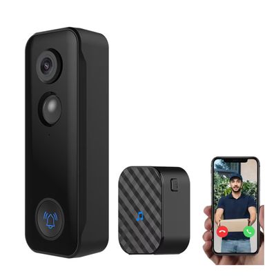 Kit di campanello intelligente e telecamera di sicurezza con logo Tuya; include un orologio e uno smartphone che visualizza una videochiamata per la consegna del pacco.