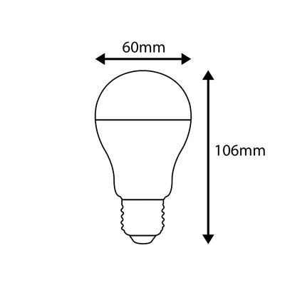 Disegno lineare di una lampada a LED, larga 60 mm e alta 106 mm, ideale per soluzioni di illuminazione ad alta efficienza energetica. Perfetta per l'uso domestico e aziendale.