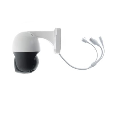 Elegante telecamera a cupola da parete con cavi collegati, nei colori bianco e nero, ideale per aumentare la sicurezza del vostro negozio di luci a LED.