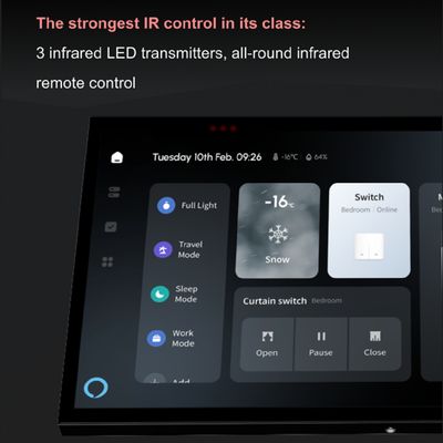 Pannello di controllo intelligente con previsioni meteo, funzioni domotiche e comandi per luci/tende in un moderno negozio di illuminazione a LED.
