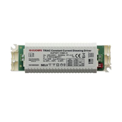 Regolatore dimmer LED a corrente costante TRIAC, involucro bianco con specifiche e informazioni sul produttore, controlli dell'illuminazione