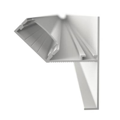 rendering 3D di un profilo metallico grigio a forma di L con scanalature e creste chiare, su sfondo bianco, ideale per installazioni di illuminazione a LED.