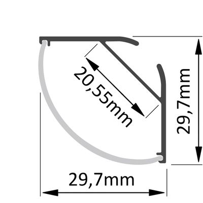 Schema tecnico del profilo luminoso: sezione trasversale curva, altezza 29,7 mm, larghezza 29,7 mm, diagonale 20,55 mm.