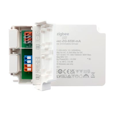 Controller dimmerabile intelligente certificato Zigbee con informazioni sul pannello frontale e connessioni interne visibili, ideale per sistemi di illuminazione a LED e configurazioni di smart home.