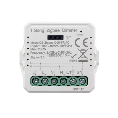 Modulo relè elettronico bianco per illuminazione a LED, connettori etichettati, staffa di montaggio in plastica