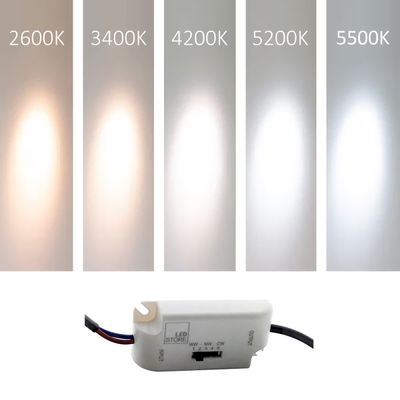 Cinque pannelli luminosi a LED visualizzano temperature di colore da 2600K a 5500K, con cursore per la regolazione