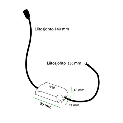 Schema di illuminazione a LED con due cavi, dimensioni 140 mm, 100 mm e dimensioni 65x15x15 mm
