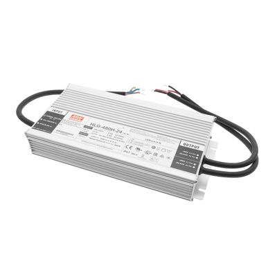 Controller LED rettangolare HLG-480H-24 con cavi di ingresso/uscita in alloggiamento metallico per soluzioni di illuminazione ad alta efficienza energetica.