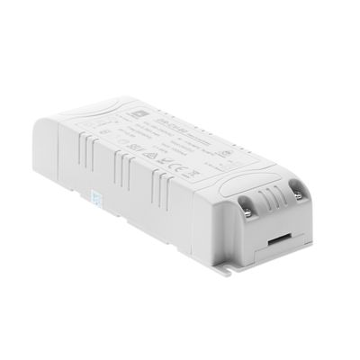 Elettronica di illuminazione a LED con etichette, alloggiamento bianco e bordi curvi su sfondo piatto, ideale per soluzioni di illuminazione moderne.