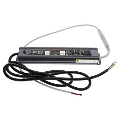 Alimentatore LED rettangolare, "24V 50W", con cavi; le informazioni di ingresso/uscita sono visualizzate in un alloggiamento nero per soluzioni di illuminazione affidabili.