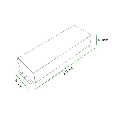 Disegno lineare di un light box LED rettangolare di 322 mm (lunghezza) x 78 mm (larghezza) x 43 mm (altezza), ideale per soluzioni di illuminazione compatte.