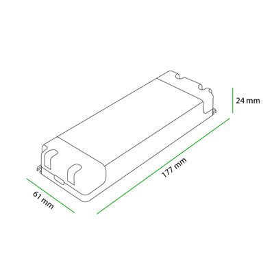 Apparecchio LED con scatola rettangolare di dimensioni: lunghezza 177 mm, larghezza 61 mm, altezza 24 mm. Illuminate il vostro spazio con soluzioni di illuminazione LED ad alta efficienza energetica.
