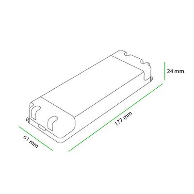 disegno 3D di un componente LED rettangolare, dimensioni: larghezza 61 mm, lunghezza 177 mm, altezza 24 mm, per soluzioni di illuminazione ad alta efficienza energetica.
