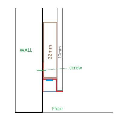 Schema di installazione dell'illuminazione a LED, vista laterale della parete e del pavimento, con viti di fissaggio a 22 mm e 13 mm.